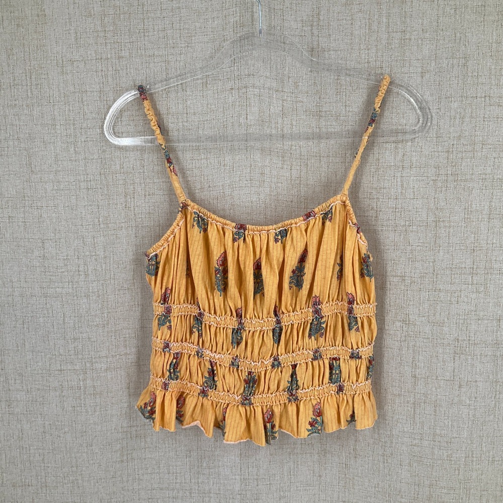 We The Free People Tank Top Sz L Yellow Cotton Smocked Floral Boho Cami Indie